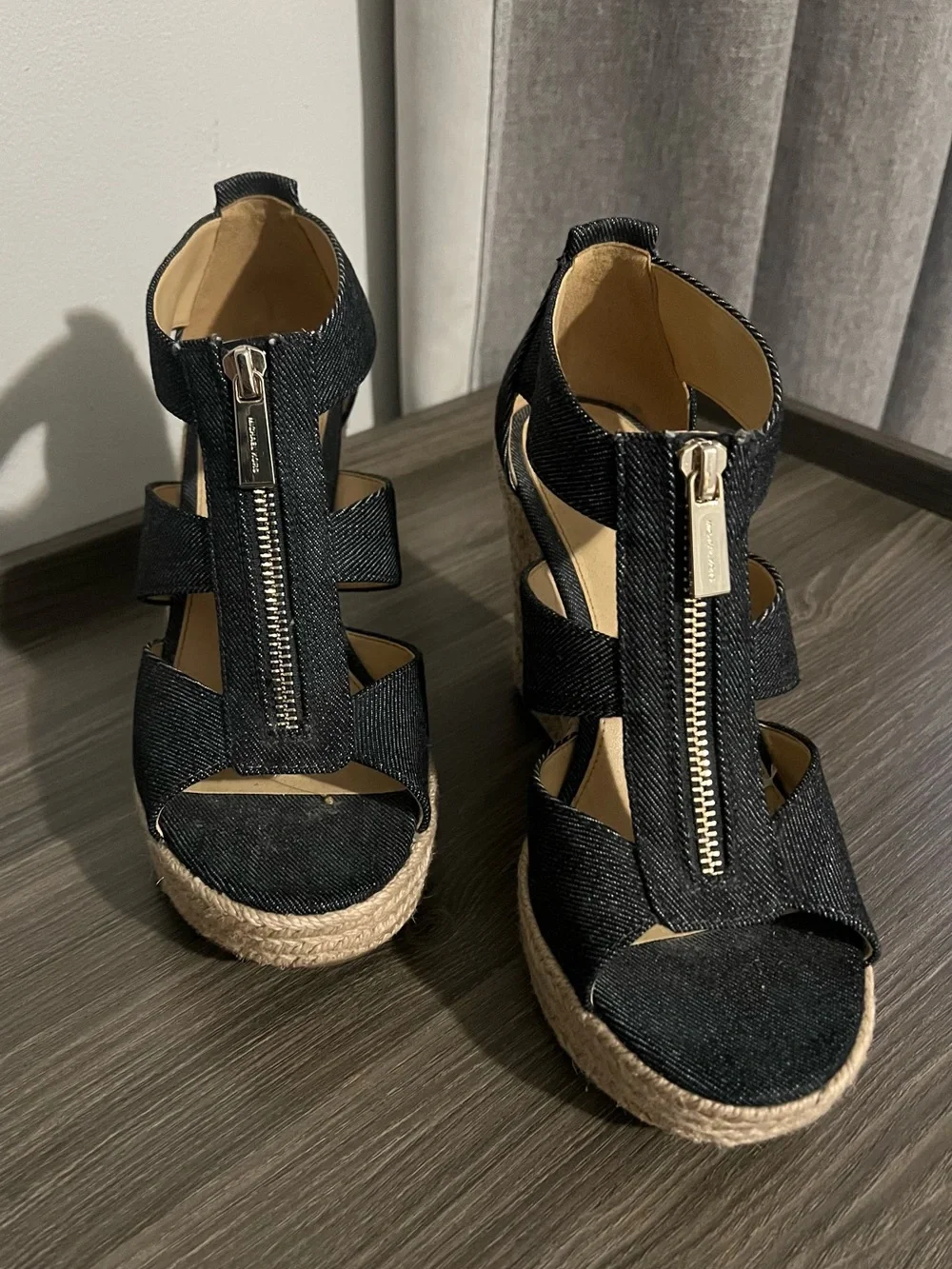 Michael Kors Blue/Denim Color Espadrille Wedge Sandals with Front Zip Accent